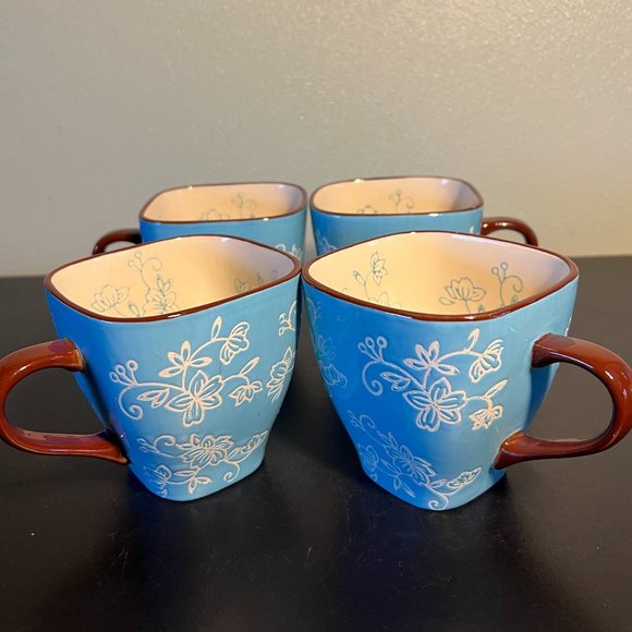 Set of 4 Temp-Tations by Tara ~ Aqua Square Mugs w/ White Floral Lace Pattern - Picture 1 of 12